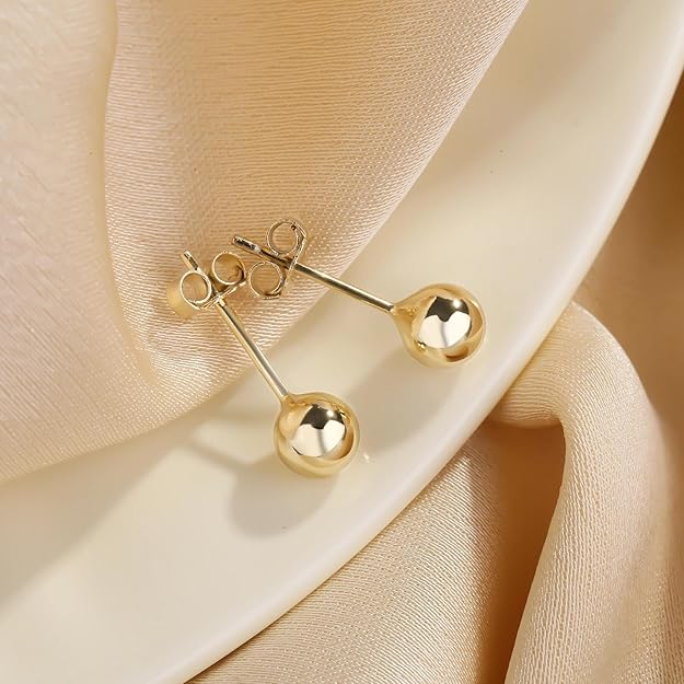 14K Gold Smooth Ball Stud Earrings - Minimalist Bead Daily Wear Earring